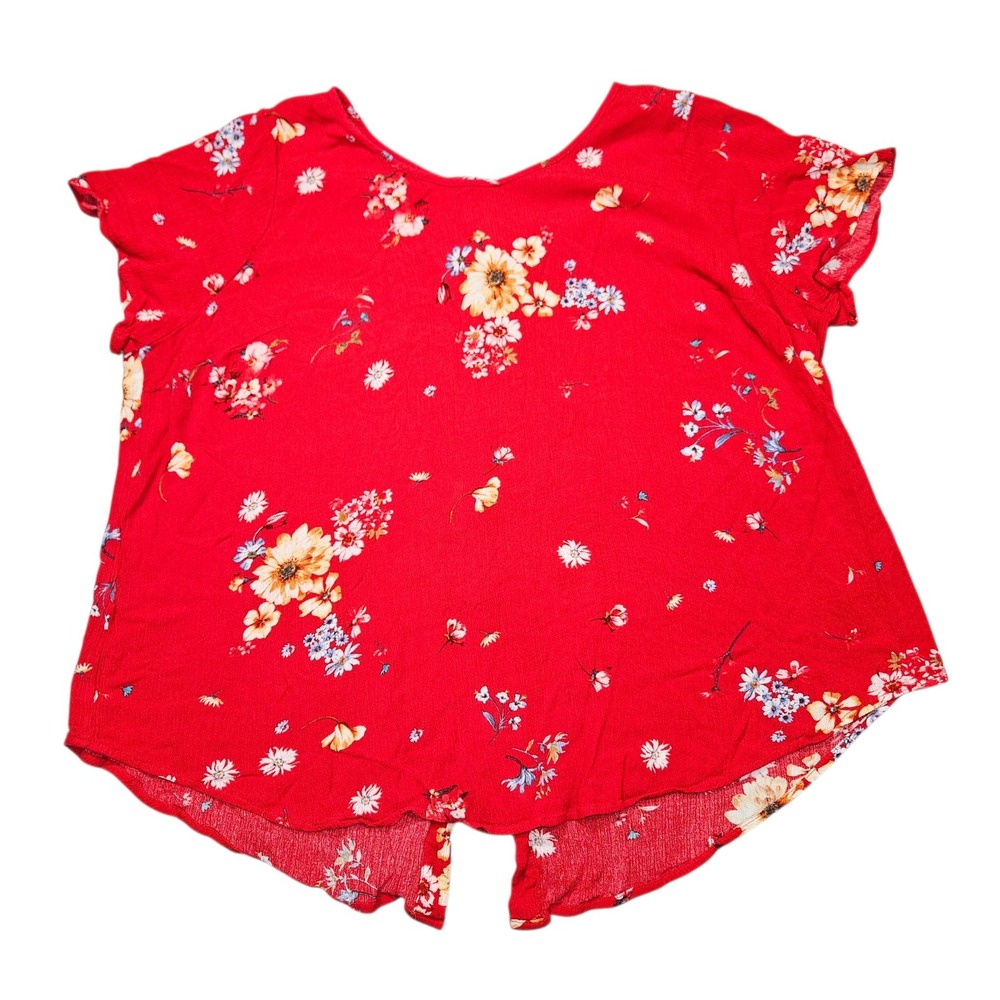 Torrid Modern Floral Button Back Blouse Red Short Sleeve Sz 2